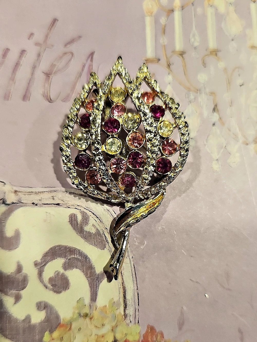 Floral Crystal Brooch Gold & Multicolor